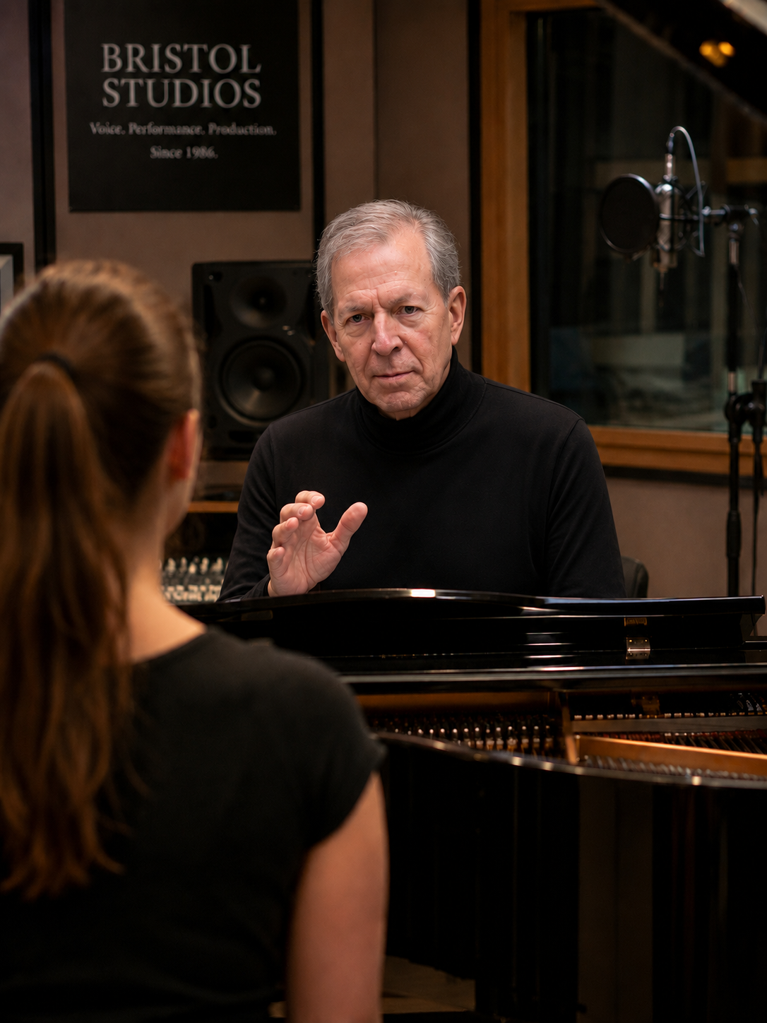 Ric Poulin teaching a singer during a contemporary voice lesson at Bristol Studios